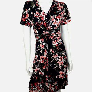 APT.9 Womens Dress Sz Small V-Neck Short Sleeves Flower A-Line Flowy Black Pink